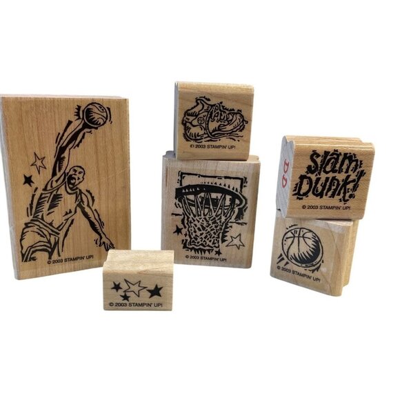 Stampin Up! Slam Dunk Rubber Stamp Set Basketball Sports Theme 2003 Wood Mounted - Picture 1 of 3